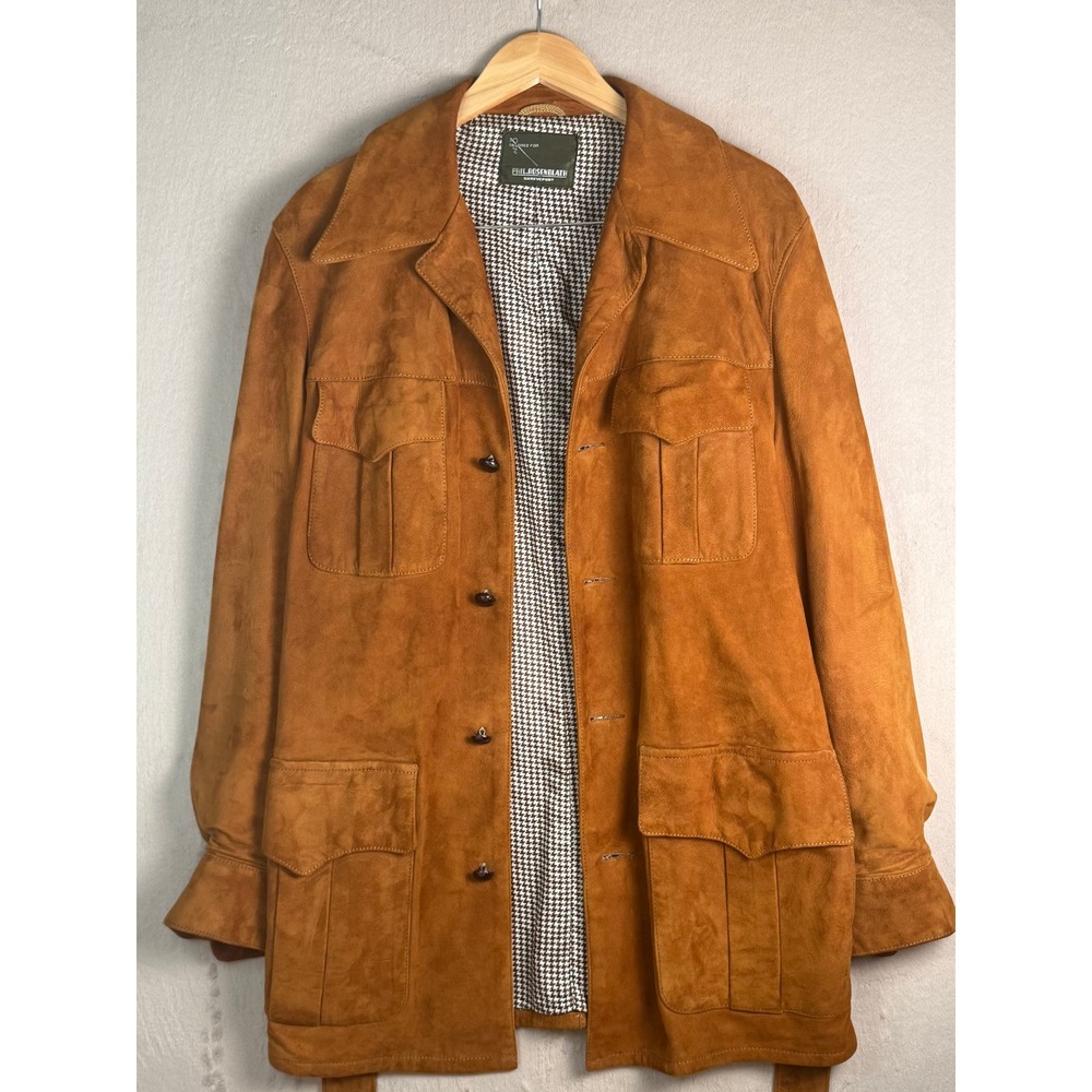 Phil Rosenblath Vintage 70s Safari Suede Jacket Mens M Brown Excellent Belted - Picture 11 of 14
